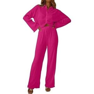 Women's 2 Piece Outfits X-LARGE Red Rose Pleated Button Down Shirts Set